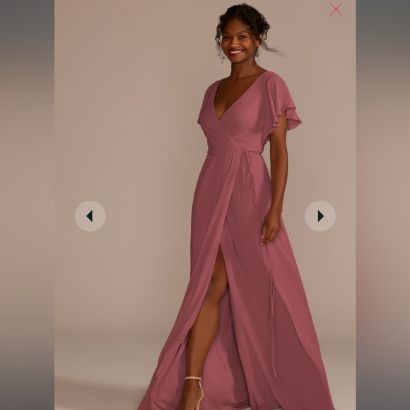 David’s Bridal Flutter Sleeve Wrap Dress in Wine Color - Picture 2 of 8